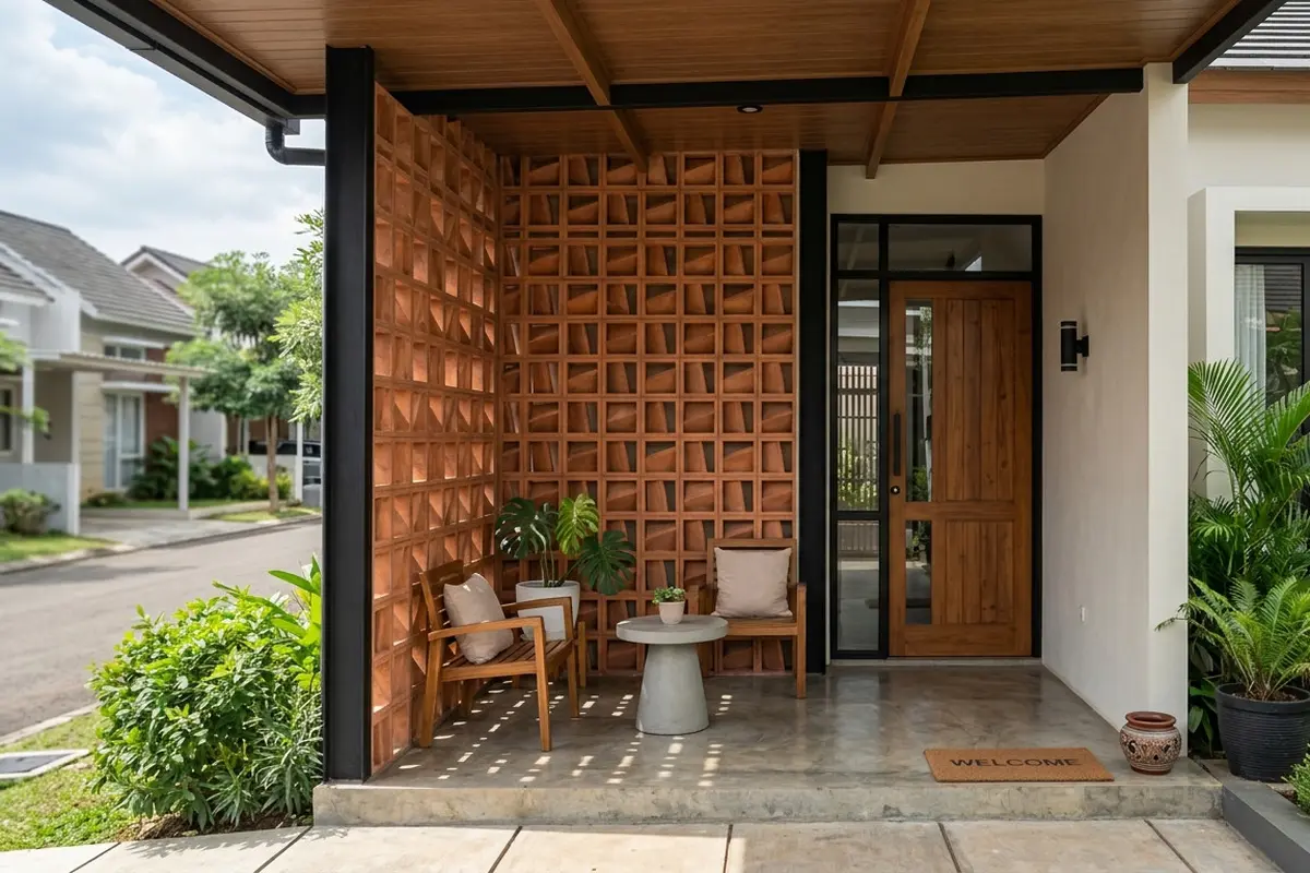 Model Teras Rumah dengan Roster Vertikal untuk Privasi Maksimal. AI Generated