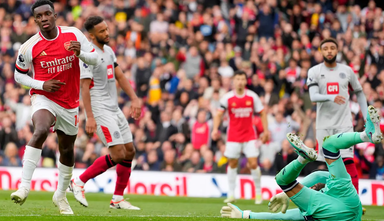 Skor 2-0 tidak bertahan lama. Delapan menit berselang, Nketiah mencetak gol ketiganya usai mendapat umpan dari Emile Smith Rowe. (AP Photo/Kirsty Wigglesworth)