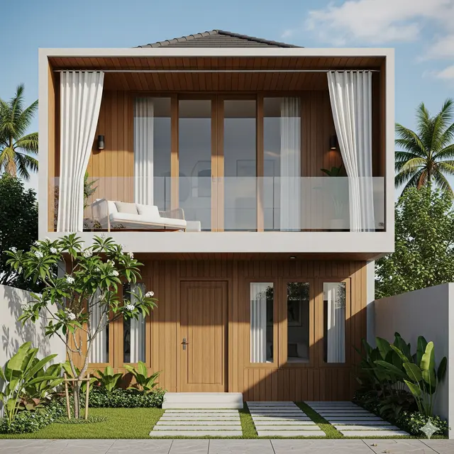 Inspirasi Rumah Kayu Minimalis Modern dengan Balkon Kaca. Gemini