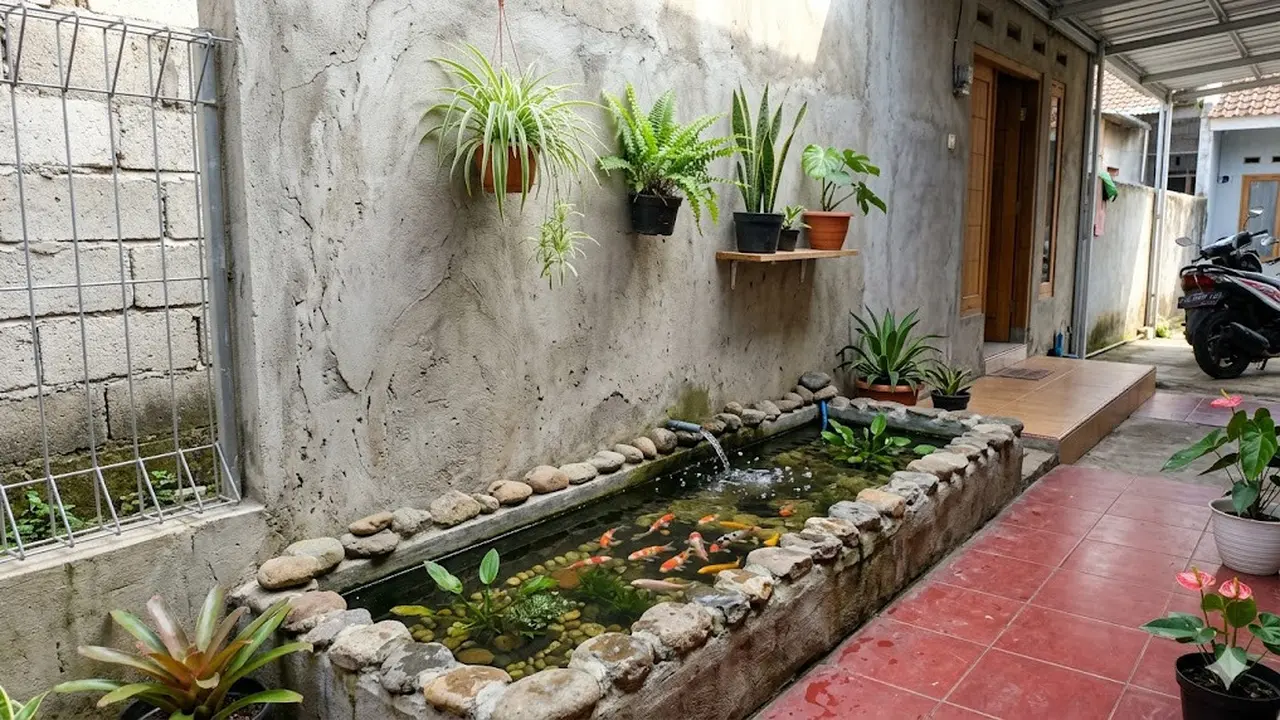 Desain Kolam Ikan Mini Nempel Tembok Rumah di Teras Sempit