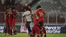 Para pemain Timnas Indesia U-16 melakukan selebrasi usai melawan China pada Kualifikasi Piala AFC U-16 2020 di SUGBK, Jakarta, Minggu (22/9). Kedua negara bermain imbang 0-0. (Bola.com/Vitalis Yogi Trisna)