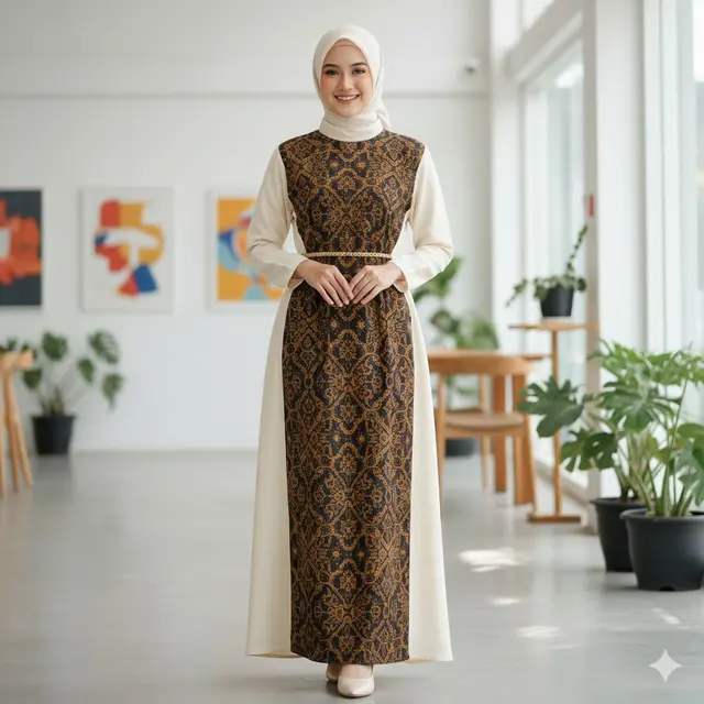 Model Gamis Terbaru Kombinasi Batik dan Polos (Image by AI)