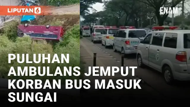 Deretan ambulans menjemput para korban tragedi bus dari Tangerang Selatan masuk ke sungai di Tegal, Minggu (7/5/2023). Diketahui korban merupakan anggota Pengajian Masjid Baitul Hanif di Kayu Gede, Pakujaya, Serpong Utara, Tangerang Selatan.