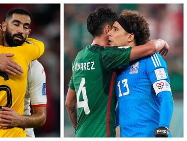 Hasil imbang 0-0 terjadi dalam dua laga pada matchday pertama di Grup C dan D Piala Dunia 2022 yang berlangsung Selasa (22/11/2022) malam WIB. Di Grup C, Meksiko berhasil menahan imbang Polandia berkat penampilan cemerlang kiper Guillermo Ochoa yang berhasil mementahkan eksekusi penalti Robert Lewandowski. Sementara di Grup D, Tunisia mampu menahan imbang Denmark dengan skor kacamata berkat aksi cemerlang kiper Aymen Dahmen sepanjang laga. (Kolase AP)