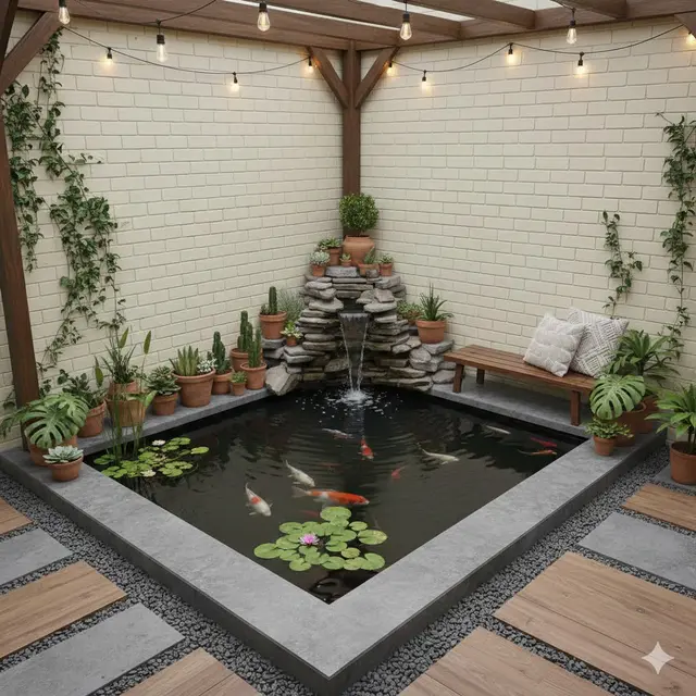 Taman Sudut dengan Kolam Ikan (Gemini AI)