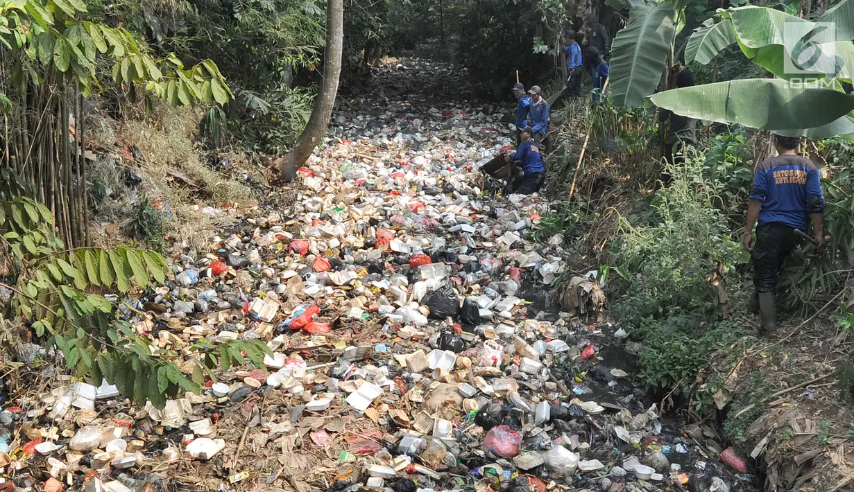 Petugas Satgas Sumber Daya Air Dinas PUPR Kota Depok membersihkan Kali Pelayangan di Kampung Utan Jaya, depok, Jawa Barat, senin (12/8/2019). Kurangnya kesadaran masyarakat terhadap kebersihan sungai menyebabkan Kali pelayangan dipenuhi sampah rumah tangga. (merdeka.com/Arie Basuki)
