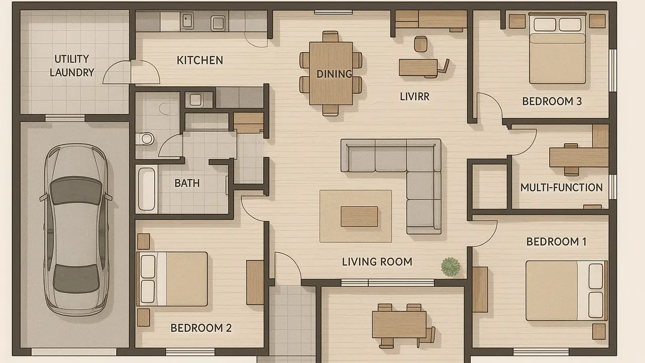 8 Denah Rumah 1 Lantai 3 Kamar Tidur dan Garasi/Ilustrasi Gambar AI