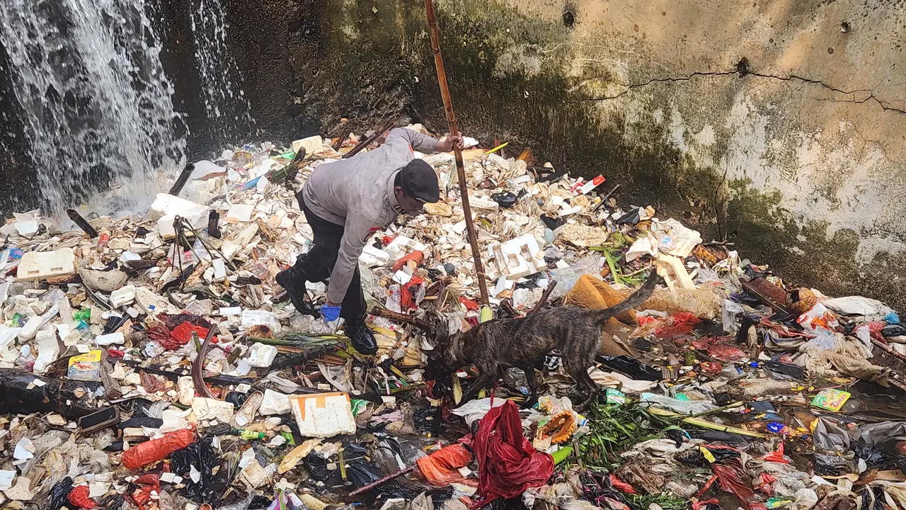 Polda Metro Jaya melakukan pencarian potongan tubuh korban mutilasi di aliran Kali Licin Pancoran Mas, Depok. (Liputan6.com/Dicky Agung Prihanto)