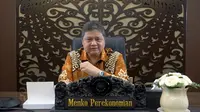 Menteri Koordinator Bidang Perekonomian Airlangga Hartarto saat menyampaikan keynote speech secara daring dalam acara Diskusi Properti bertema Kontribusi Industri Bagi Perekonomian Nasional dan peluncuran buku Membangun Indonesia melalui Industri Properti, Senin (10/04)