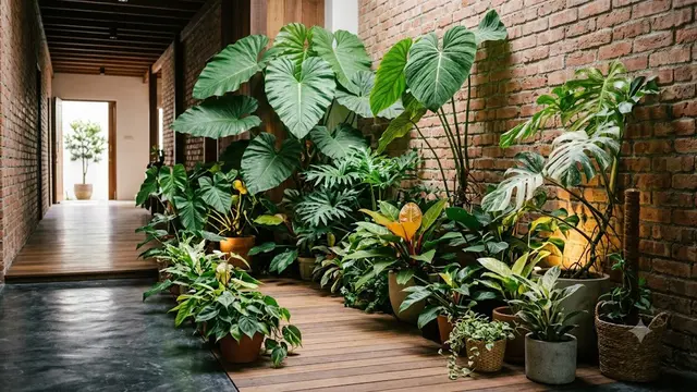 Ide Taman Mini di Lorong Rumah dengan Tanaman Berdaun Lebar