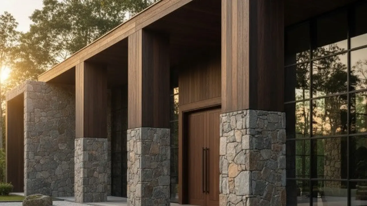Model Tiang Rumah Batu Alam Kombinasi Kayu