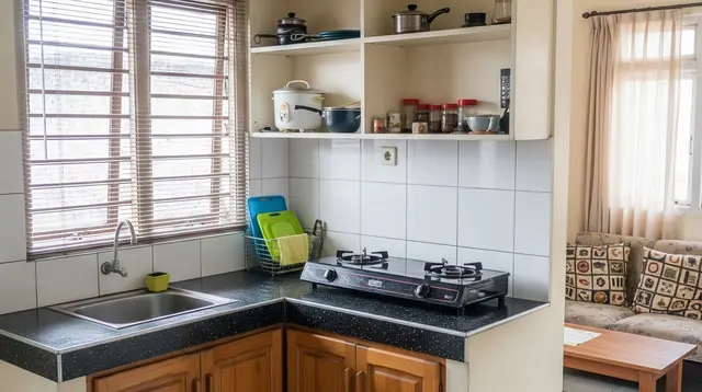 Dapur Rumah Subsidi Tipe 30/60 dengan Layout Bentuk L. (Foto: Gemini AI)