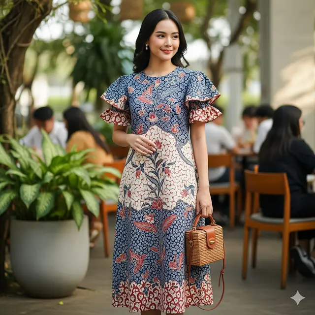 Dress Batik Midi dengan Lengan Ruffle