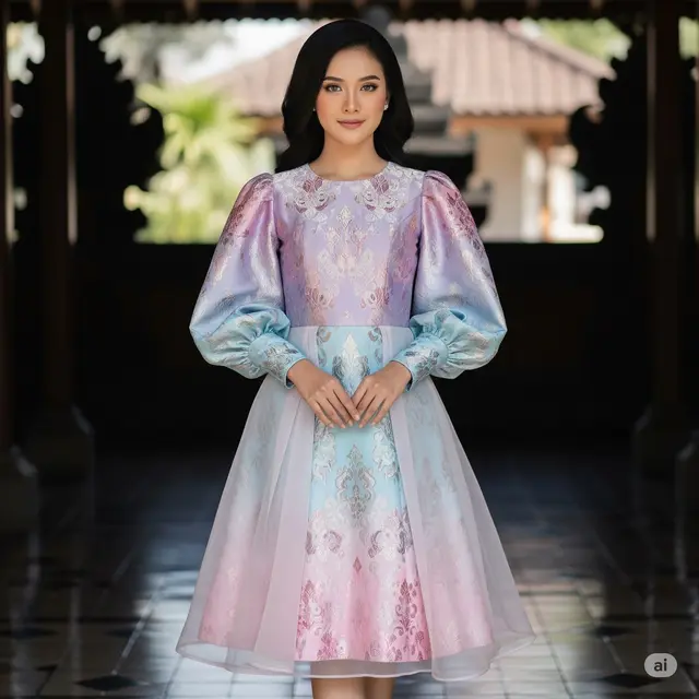 Dress Pastel Ombré Brokat A-Line dengan Lengan Balon dan Layer Organza