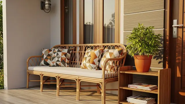 Teras dengan Kursi Rotan Bench Panjang