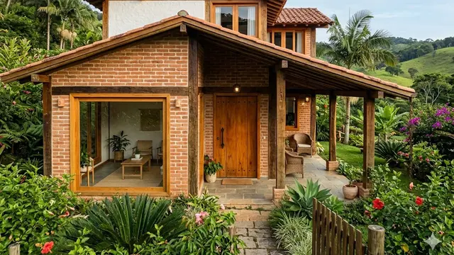 Rumah Bata Merah Ekspos dengan Sentuhan Kayu Alami