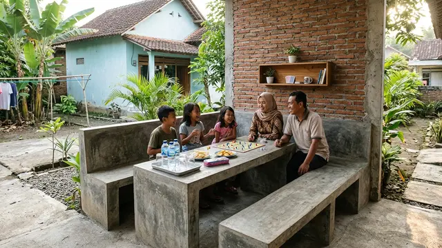 Desain Area Santai Permanen dari Semen dan Bata Ekspos yang Cocok untuk Family Time Model Meja Semen Permanen
