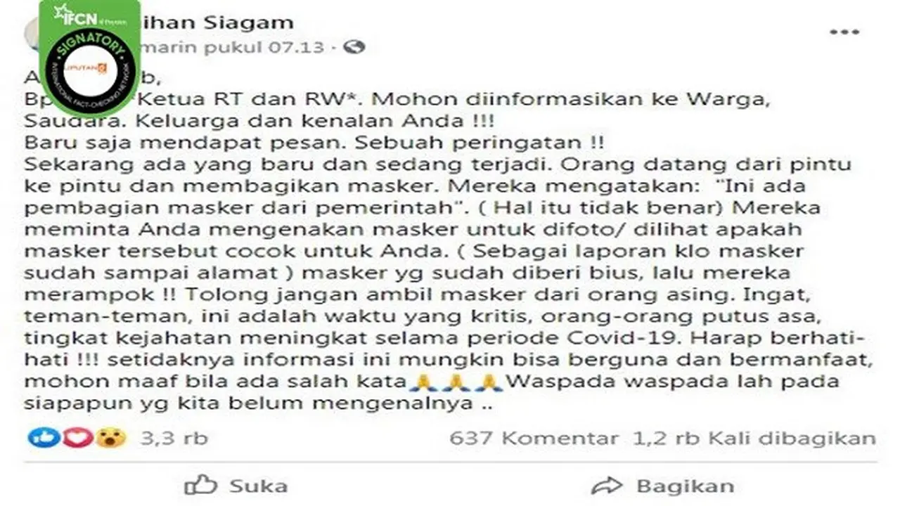 Gambar Tangkapan Layar Kabar Hoaks Tentang Pembagian Masker Mengandung Obat Bius