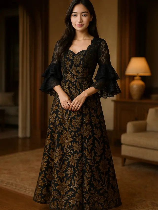Model Batik Brokat Kombinasi Lengan Pagoda Tiga Lapis