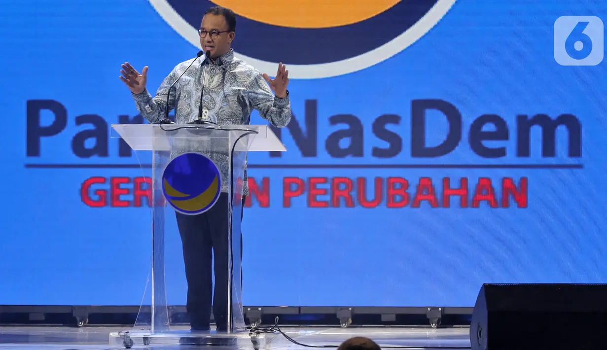 Gubernur DKI Jakarta Anies Baswedan memberikan sambutan saat pembukaan Kongres II Partai NasDem di JIExpo, Jakarta, Jumat (8/11/2019). Kongres II Partai NasDem mengusung tema Restorasi Untuk Indonesia Maju. (Liputan6.com/Johan Tallo)