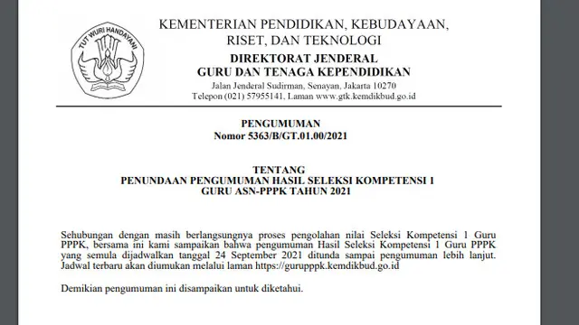 adwal terbaru tentang pengumuman hasil seleksi PPPK guru akan diumumkan melalui laman gurupppk.kemdikbud.go.id.