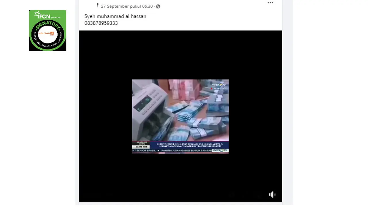 Tangkapan layar klaim video pemberitaan Metro TV merekomendasikan penarikan dana gaib