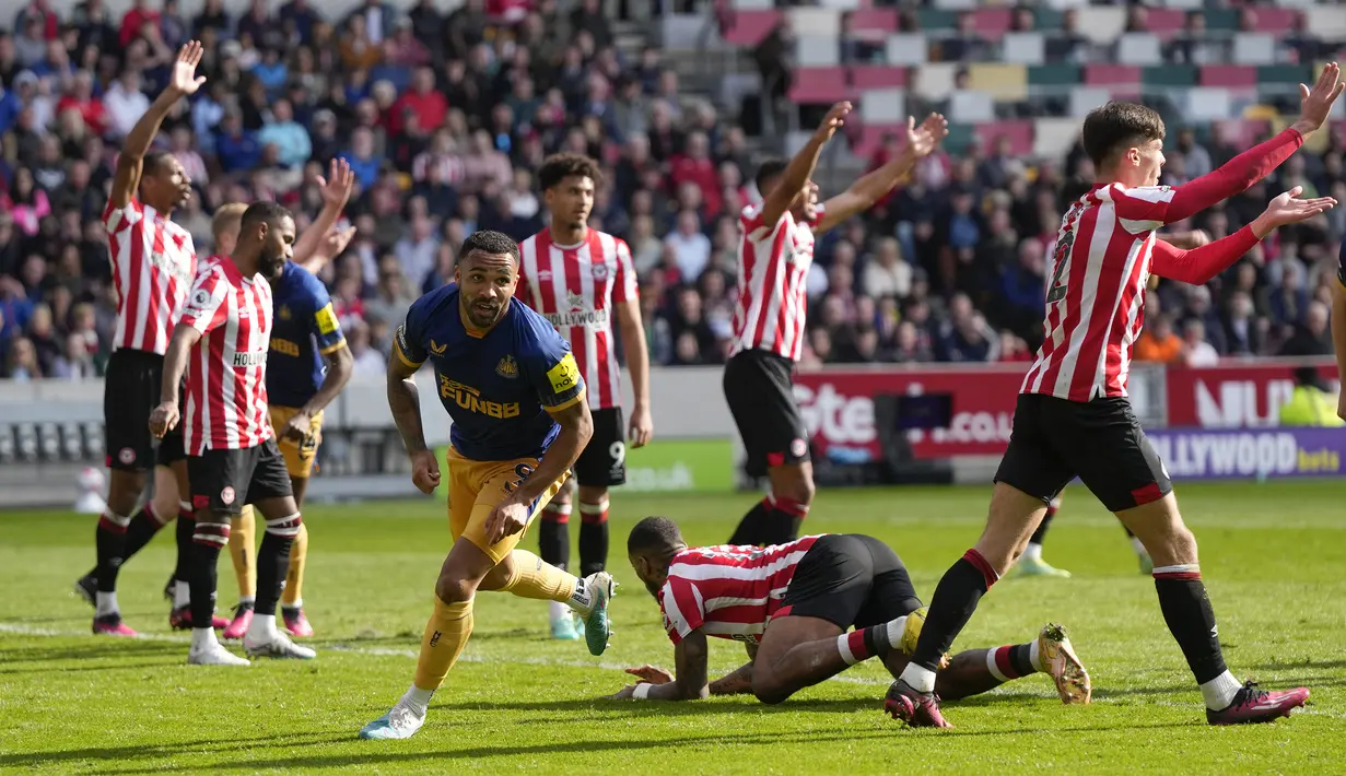 Selebrasi striker Newcastle United, Callum Wilson (tengah) setelah mencetak gol ketiga timnya ke gawang Brentford yang akhirnya dianulir wasit setelah tinjauan VAR pada pada laga lanjutan pekan ke-30 Liga Inggris 2022/2023, Sabtu (8/4/2023) di Gtech Community Stadium, London. (AP Photo/Alastair Grant)