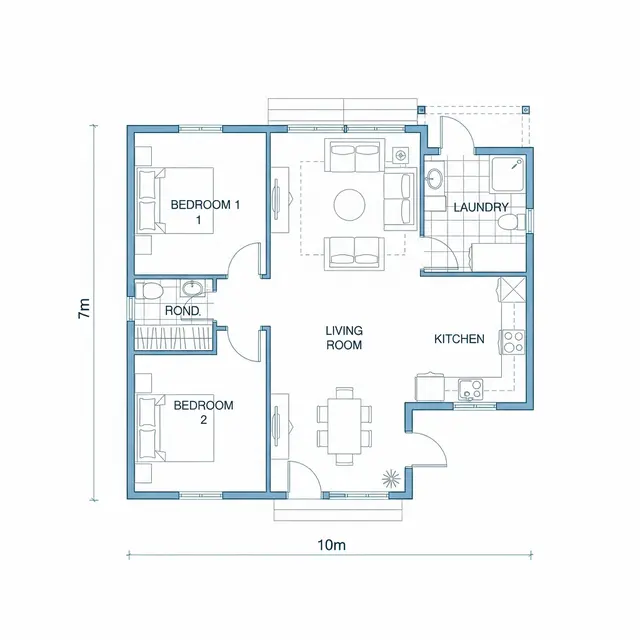 Ide Denah Rumah Ukuran 7x10 Kamar 2 Sederhana (Gemini)
