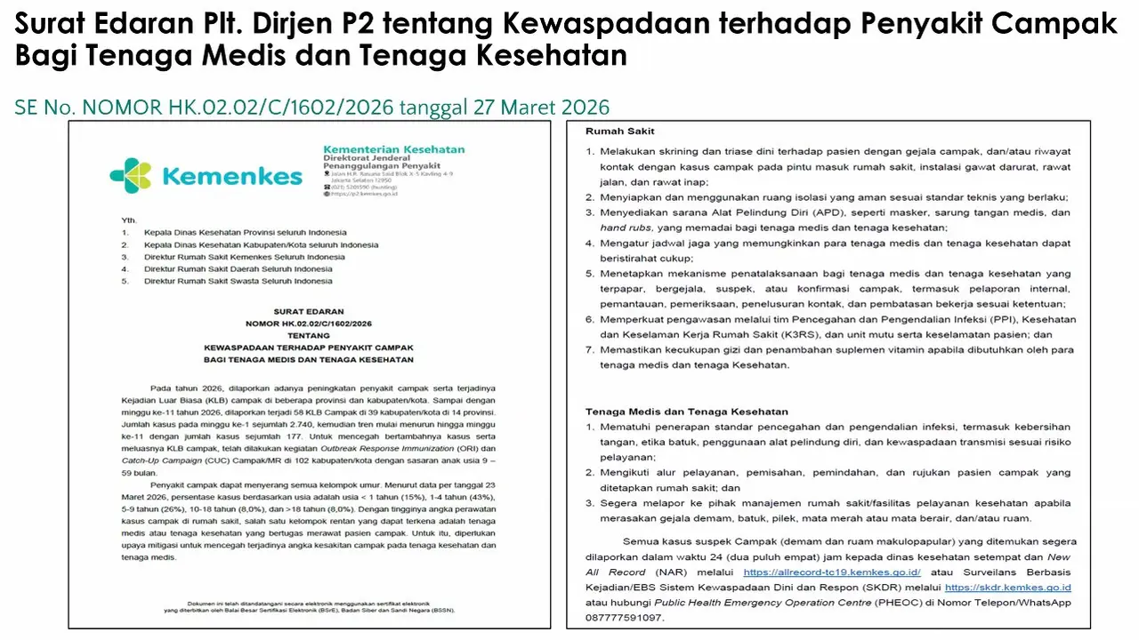 Surat Edaran (SE) kewaspadaan terhadap penyakit campak bagi tenaga kesehatan dan tenaga medis yang diterbitkan Kemenkes.