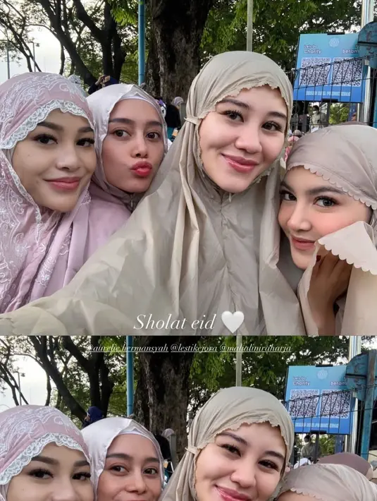 Aurel Hermansyah, Lesti Kejora, Aaliyah Massaid, dan Mahalini Raharja menunaikan Sholat Ied bersama. Aaliyah dan Mahalini Raharja tampak kembar dengan mukena berwarna cokelat [@aaliyah.massaid]