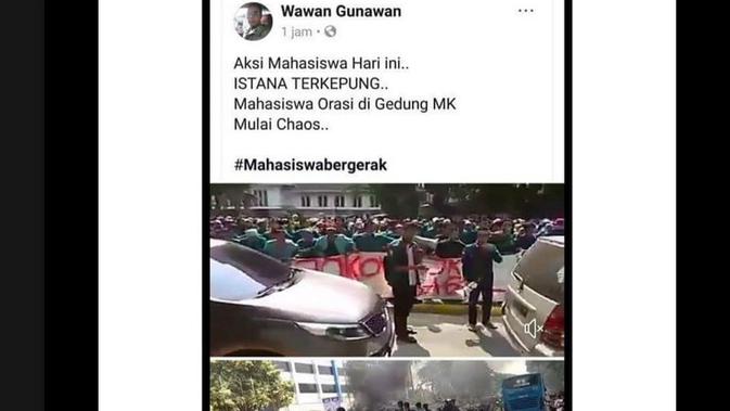 Cek Fakta - Screenshot akun di Facebook yang menyebarkan foto hoaks yang menyebut massa menyerbu Istana, kerusuhan pecah. (Facebook)
