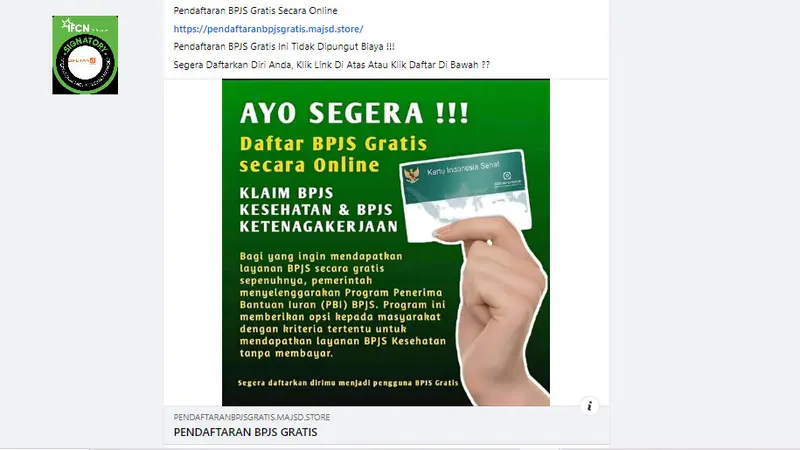 Tangkapan layar klaim link pendaftaran BPJS Kesehatan gratis