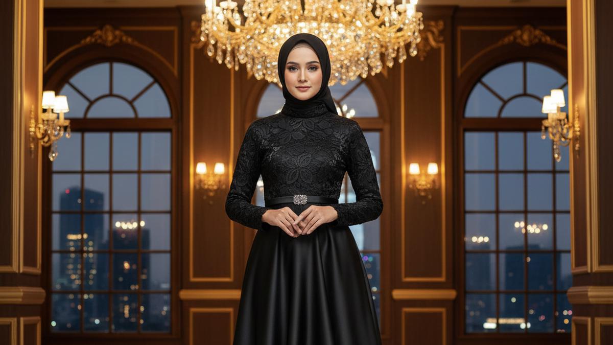 8 Model Gamis Hitam Syar'i dengan Kombinasi Lace 2025, Menawan untuk Acara Formal