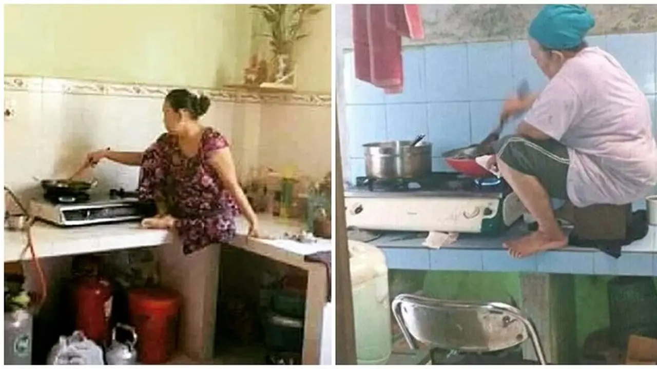 6 Potret Emak-Emak Masak Sambil Duduk Ini Santai Banget, Enggak Takut Gosong