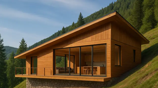 Rumah Kayu Modern Minimalis Leter L dengan Atap Asimetris (Foto: ChatGPT)
