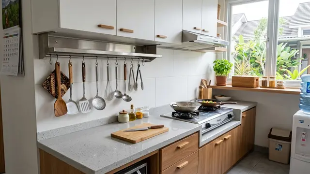 Desain Dapur Kecil dengan Banyak Penyimpanan agar Meja Tetap Rapi (AI Generated)