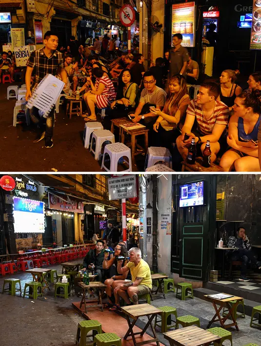 Wisatawan dan penduduk setempat menikmati minuman dan makanan di atas meja yang dipasang di trotoar di kawasan lama Hanoi pada 24 November 2015 (atas) dan orang-orang minum di area yang sama di Hanoi pada 7 Maret 2020. (Manan VATSYAYANA, HOANG DINH Nam/AFP)