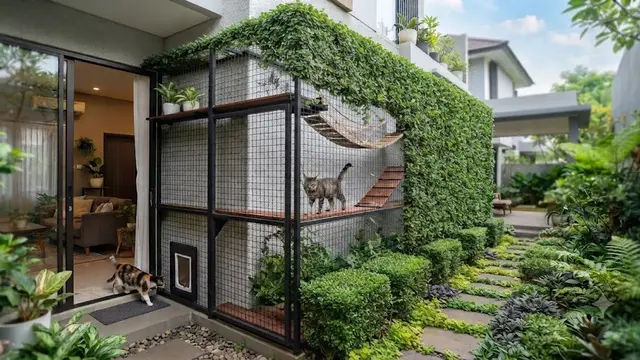 Catio Modern Berbentuk Lorong yang Menghubungkan Rumah dengan Halaman (AI Generated)