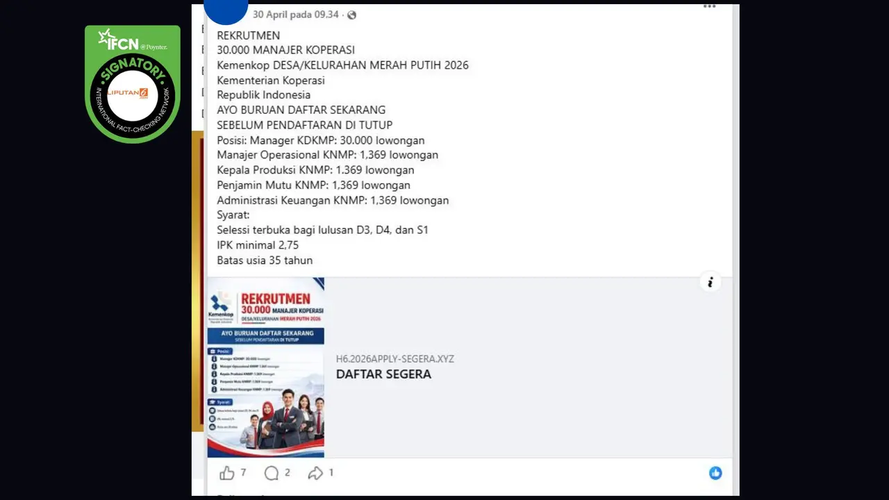 Cek Fakta Liputan6.com menangkap layar klaim link rekrutmen manajer Koperasi Desa Merah Putih
