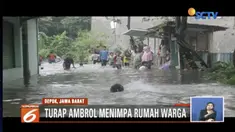 Tebing pembatas luster Taman Cimanggis ambrol, pemukiman warga di Perumahan Tirta Mandala, Cilodong, Depok, tergenang air.