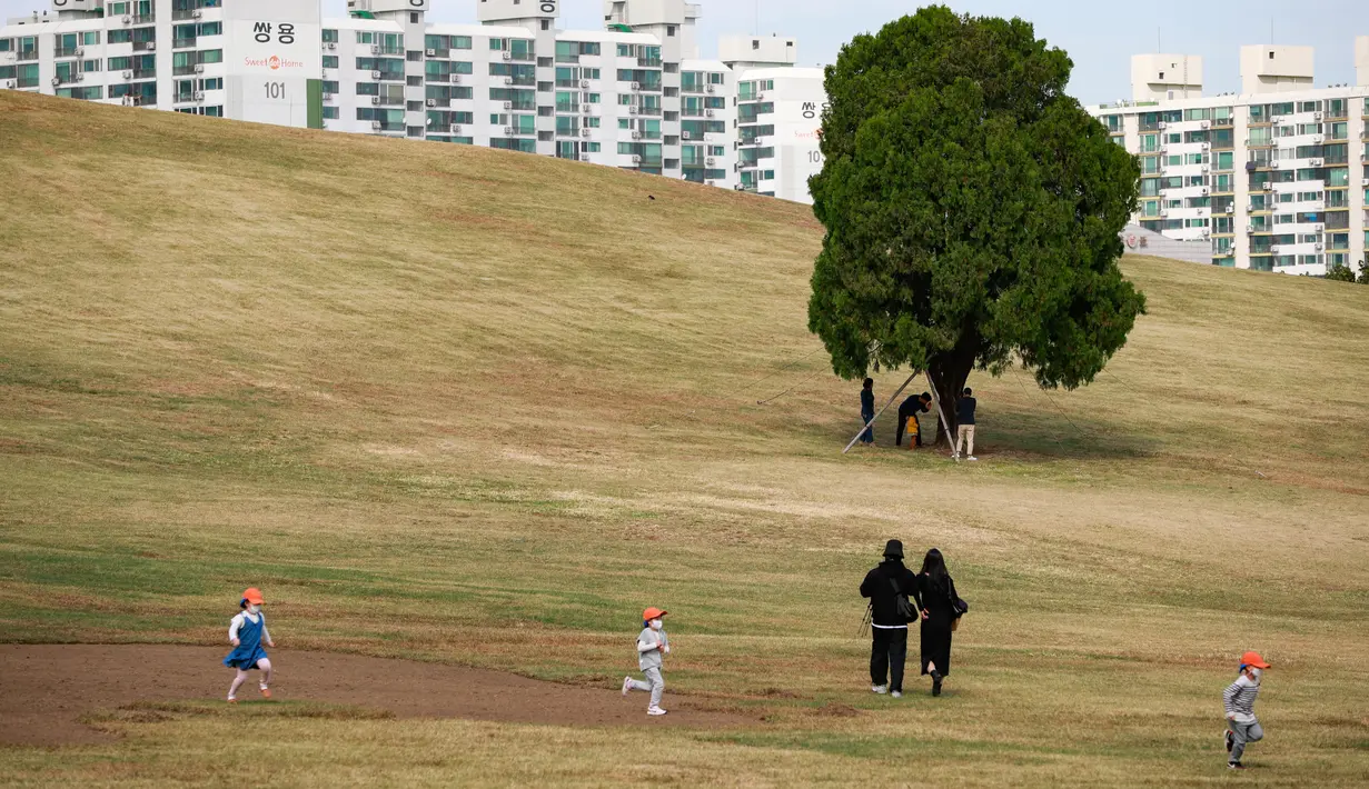 Orang-orang menikmati hari musim gugur yang hangat di Taman Olimpiade di Seoul, Korea Selatan (15/10/2020). Korsel memutuskan untuk menurunkan pedoman jaga jarak sosial tiga tingkatnya ke level terendah setelah angka harian kasus COVID-19 relatif rendah.  (Xinhua/Wang Jingqiang)