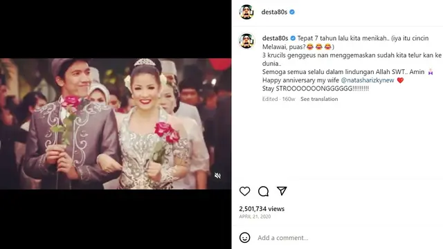 Momen indah kebersamaan Natasha Rizky dan Desta. (Foto: Instagram/desta80s)