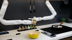 Samsung Bot Chef menuangkan saus ke salad saat menunjukkan kemampuannya selama ajang  CES 2020 di Las Vegas, Nevada pada 8 Januari 2020. Dua lengan robot yang dinamai Samsung Bot Chef itu menunjukkan kebolehannya dalam membuat salad untuk pengunjung. (AP/John Locher)
