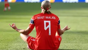 Erling Haaland #9 dari Timnas Norwegia merayakan gol pertama timnya selama pertandingan Grup I Piala Dunia 2026 antara Irak dan Norwegia di Stadion Boston pada 16 Juni 2026 di Foxborough, Massachusetts. (Justin Setterfield/Getty Images via AFP)