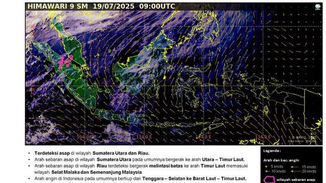 Sebaran kabut asap dari Karhutla Riau yang terpantau bergerak ke Malaysia.