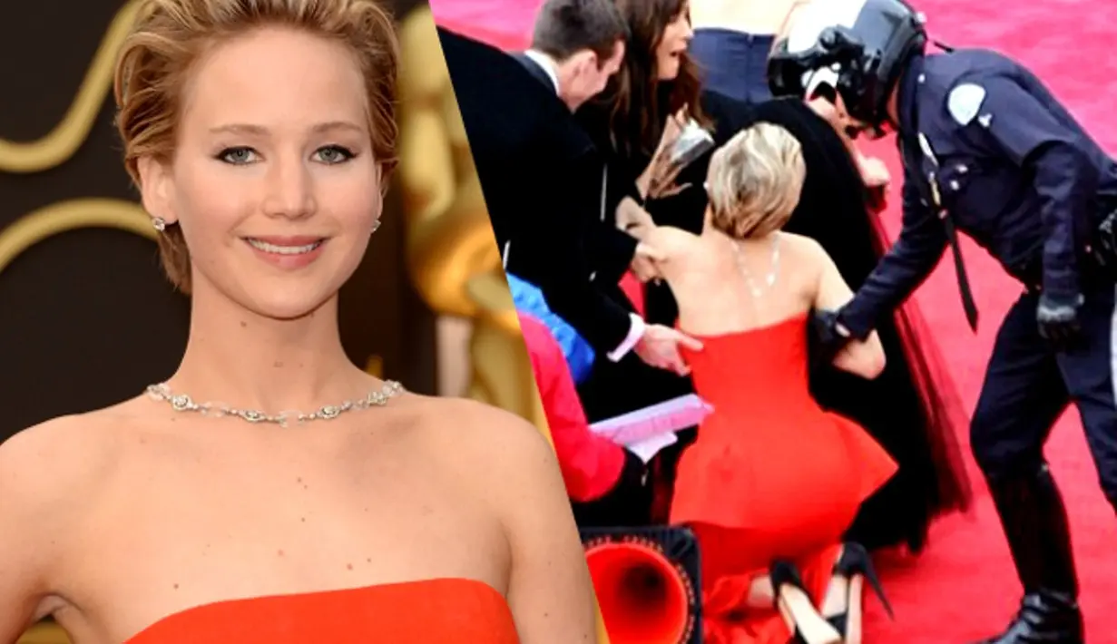 Jennifer Lawrence terjatuh di red carpet saat Oscar tahun 2014. Tentu saja hal itu menjadi headline di mana-mana. (becomegorgeous.com)
