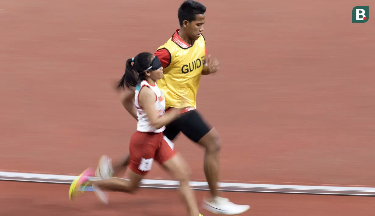 Susan Unggu atlet cabang para atletik nomor lari 400 meter putri klasifikasi T11 pada Asian Para Games 2018, di Stadion Utama Gelora Bung Karno Jakarta, Kamis(11/10/2018).  (Bola.com/Peksi Cahyo)