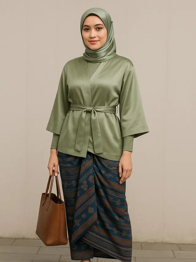 Model Tunik Polos Berbahan Satin Dipadukan dengan Rok Lilit Motif Etnik (Foto: ChatGPT)