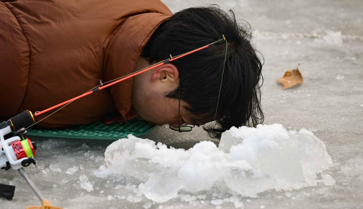 Festival tahunan ini diadakan di Kabupaten Hwacheon, Provinsi Gangwon, sekitar 90 km di timur laut Seoul, Korea Selatan. Tampak dalam foto, seorang pria memancing melalui lubang di sungai yang membeku selama festival tahunan memancing di atas es, Hwacheon, Korea Selatan, pada Sabtu 10 Januari 2026. (Shin Yong-ju/AFP)