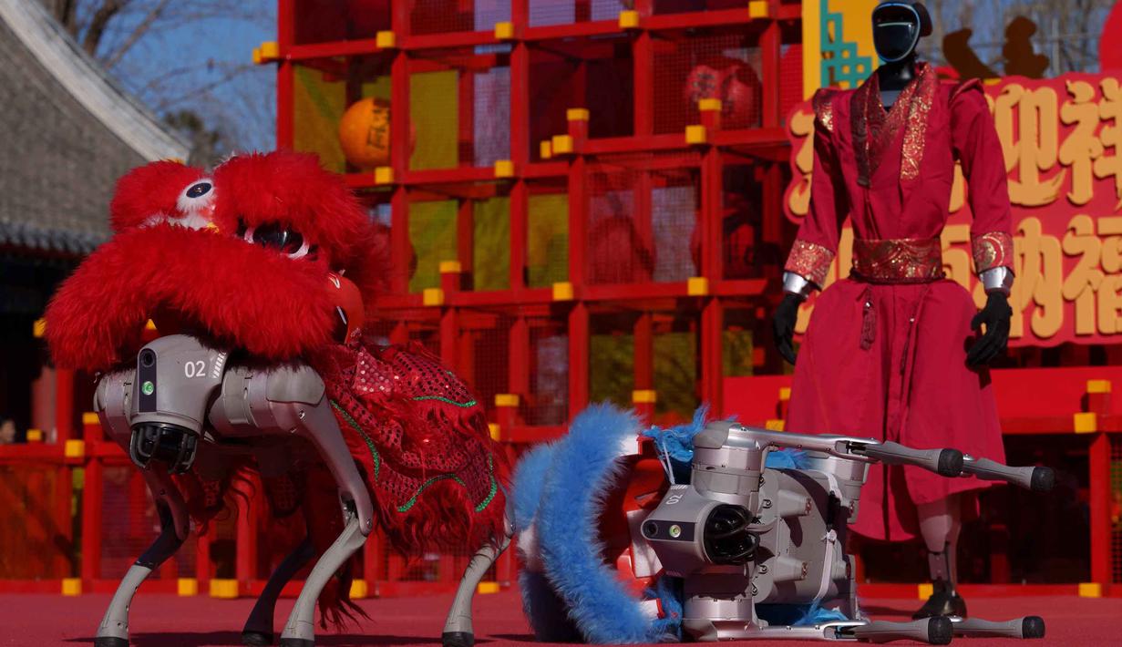 Pertunjukan tersebut memadukan elemen budaya tradisional dengan teknologi robotika canggih dari berbagai startup China seperti Unitree Robotics dan Booster Robotics. Tampak dalam foto, sebuah robot humanoid dengan pakaian merah meriah memberi isyarat di atas panggung sementara robot berkaki empat yang dilengkapi kepala singa kehilangan keseimbangan di latar depan selama hari kedua perayaan Tahun Baru Imlek 2577 Kongzili di sebuah pekan raya kuil di Beijing pada Rabu 18 Februari 2026. (AP Photo/Vincent Thian)